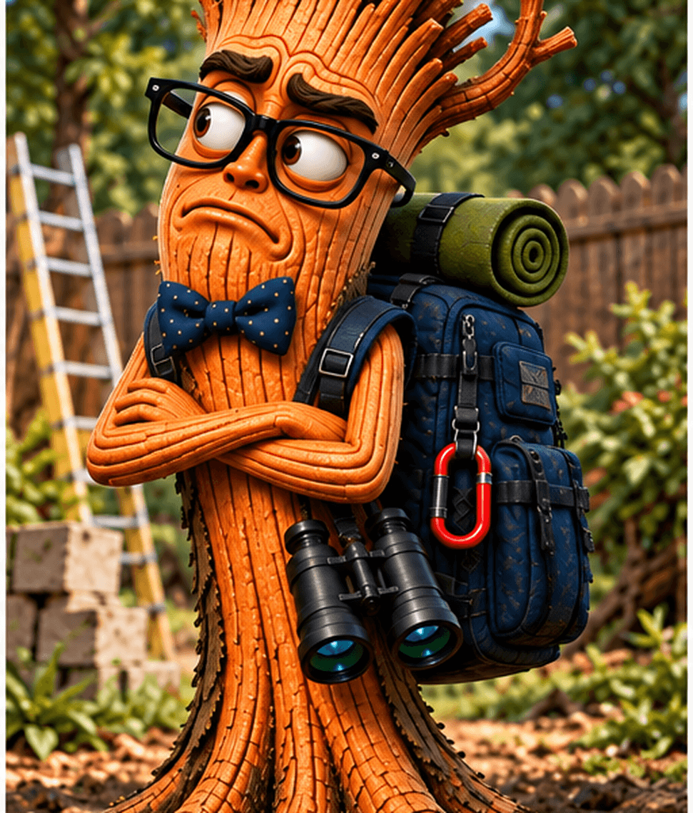 Barkley, an animated tree stump character with glasses and a backpack, arms crossed, skeptical in a backyard
