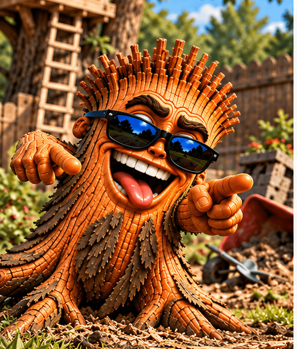Chip, an animated tree stump character in sunglasses, pointing and laughing in a backyard