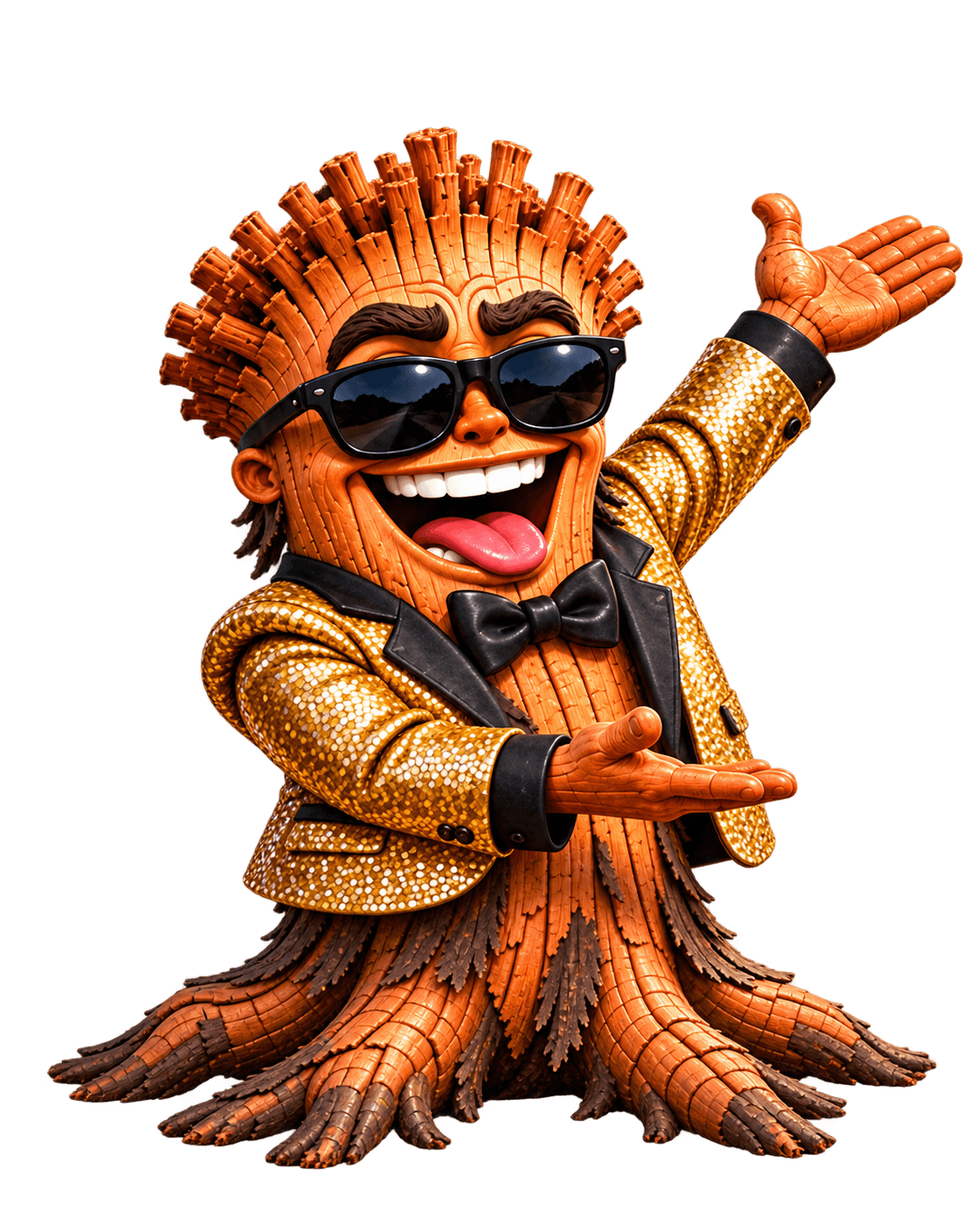 Chip, wearing a gold sequin tuxedo, presenting the services list