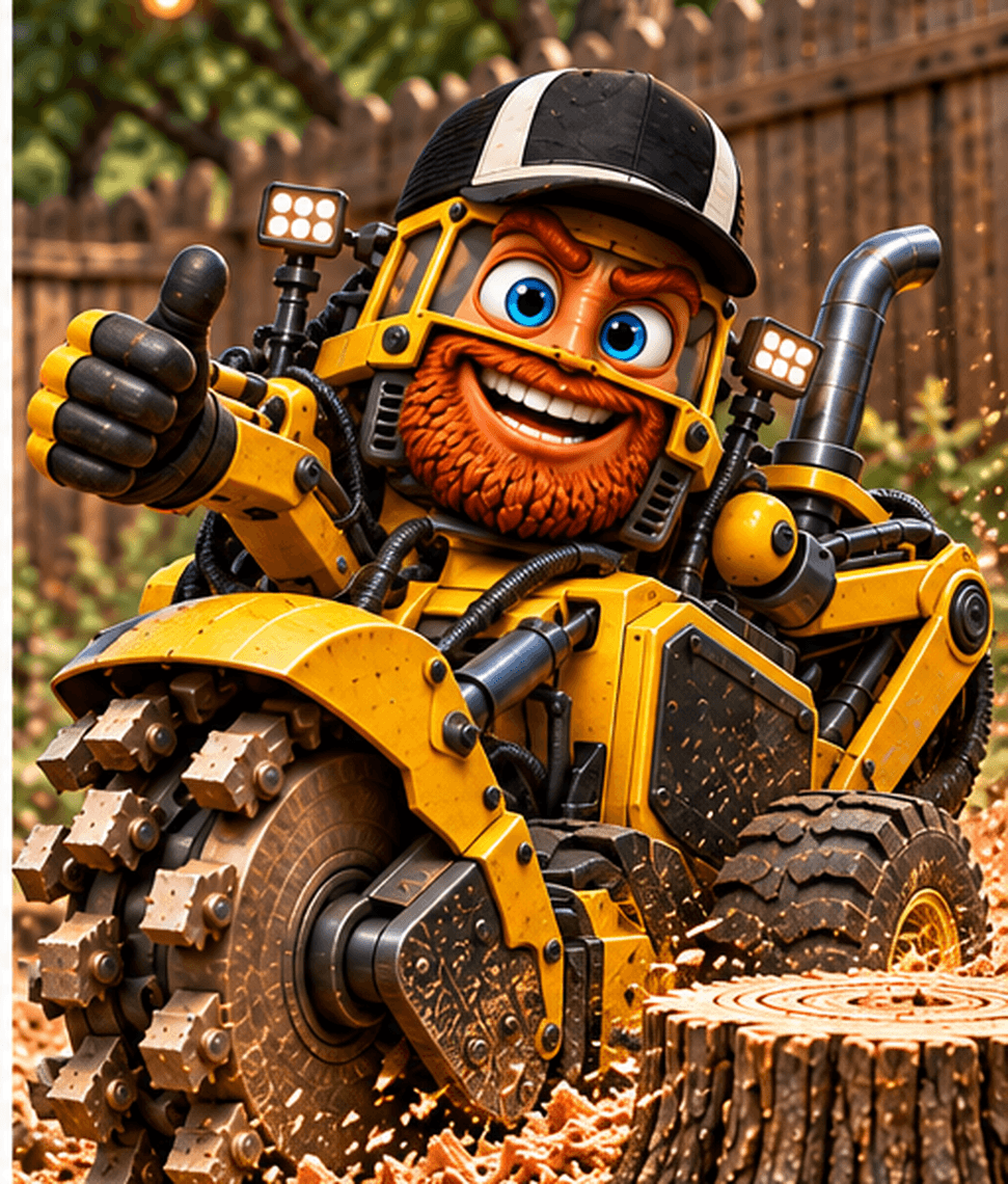 The Grinder, an animated stump-grinder machine character giving a thumbs up in a backyard