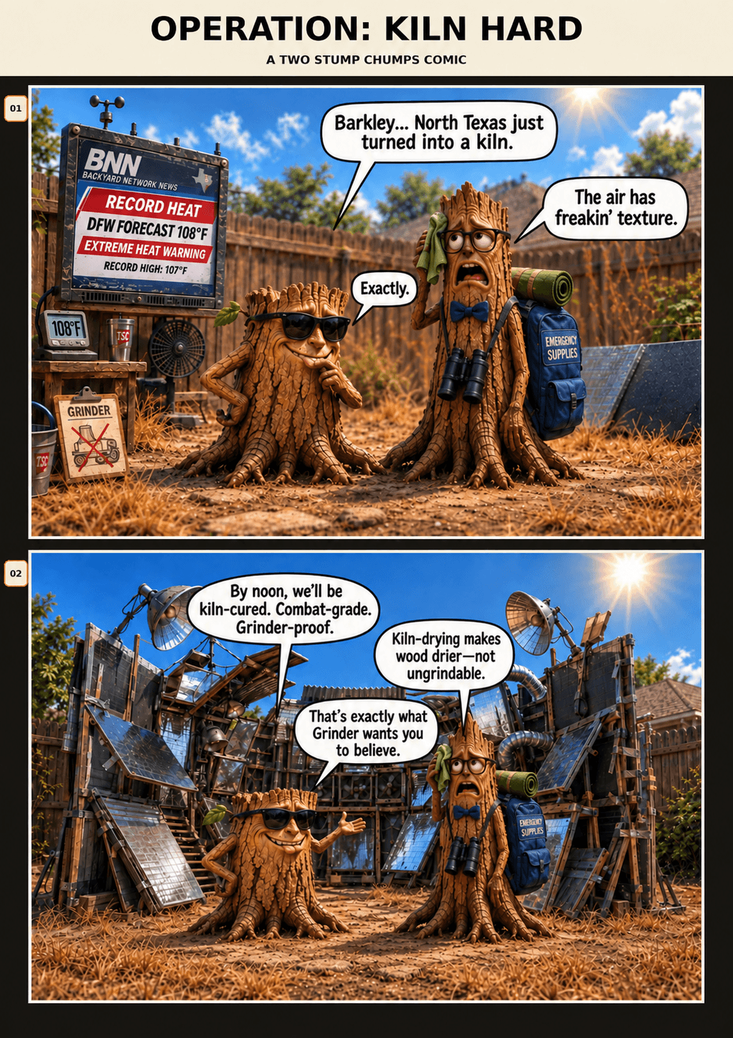 Operation Kiln Hard, page 1: Chip and Barkley react to a record North Texas heat wave, joking about kiln-curing themselves against the Grinder.