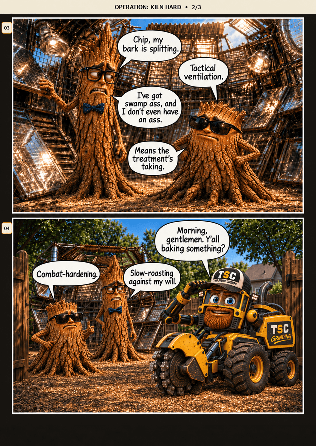 Operation Kiln Hard, page 2: Chip and Barkley continue their heat-hardening plan, insisting they'll be Grinder-proof by noon.