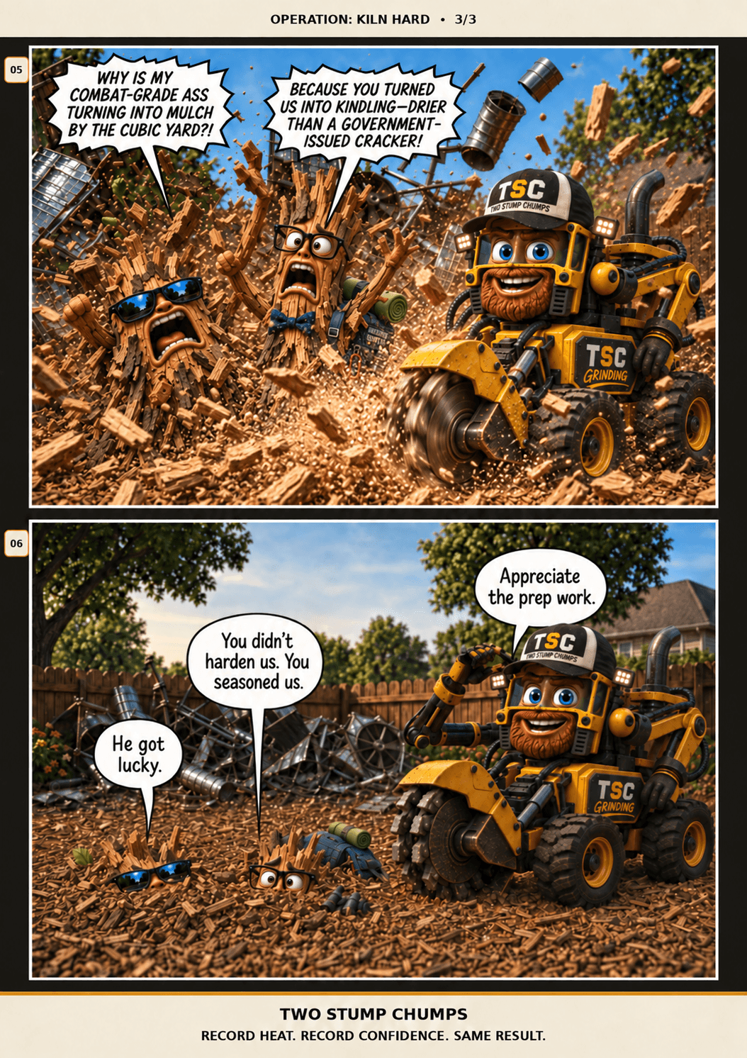 Operation Kiln Hard, page 3: The Grinder arrives and grinds Chip and Barkley's plan into mulch, ending with Grinder appreciating the prep work.