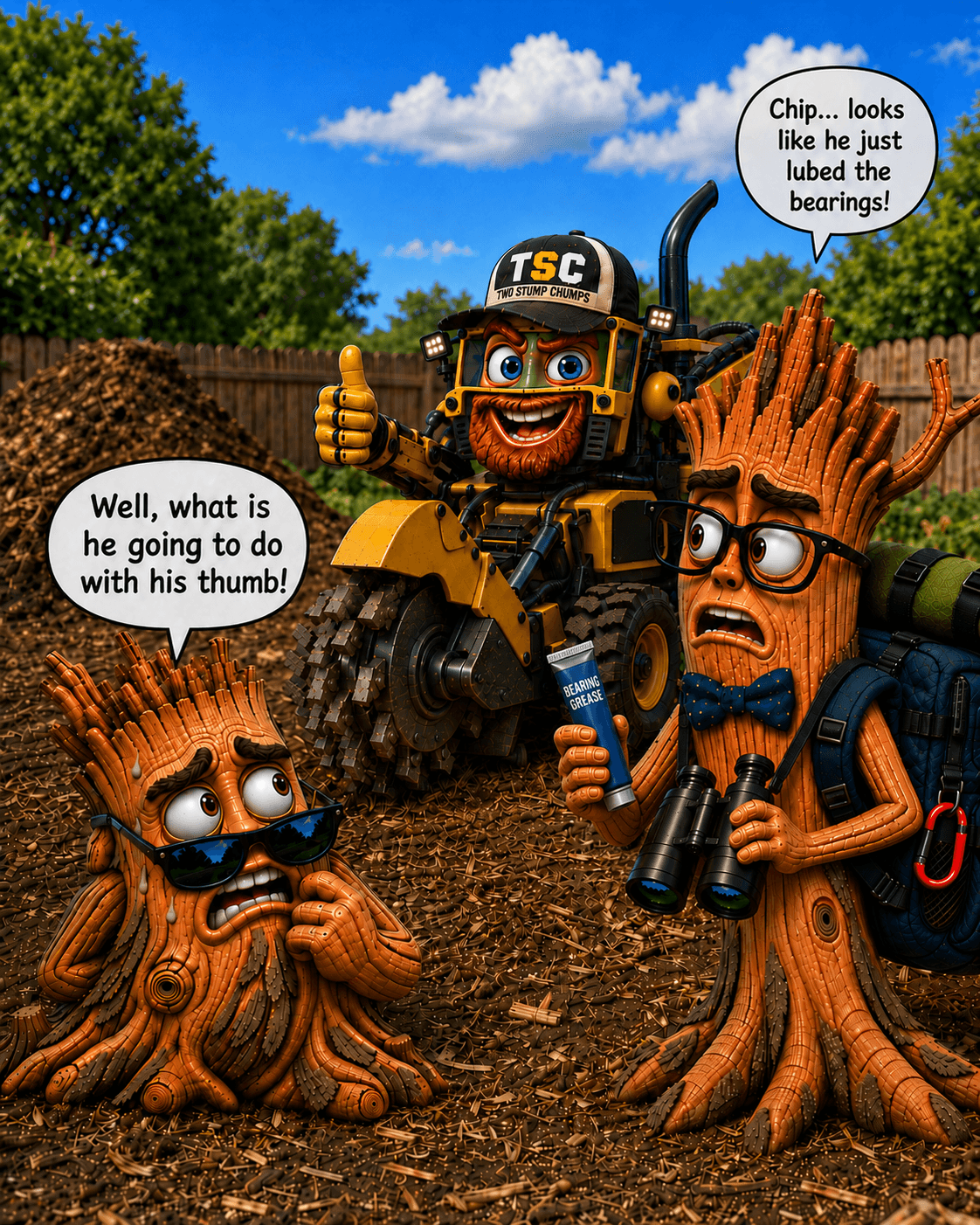 Two Stump Chumps characters Chip, Barkley and Grinder in a comic backyard scene.